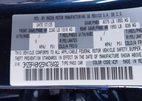 2025 Mazda Mazda3 2.5 S Select Sport from USA, damaged, VIN 3MZBPABM2SM478492